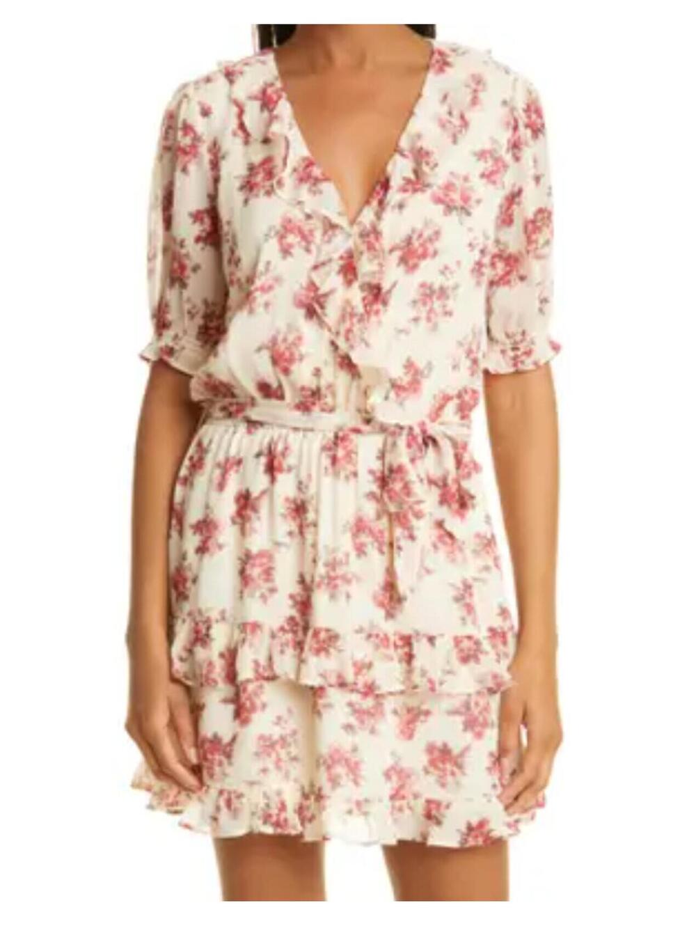 PAIGE cream pink silk floral short sleeve mini dress sz XS